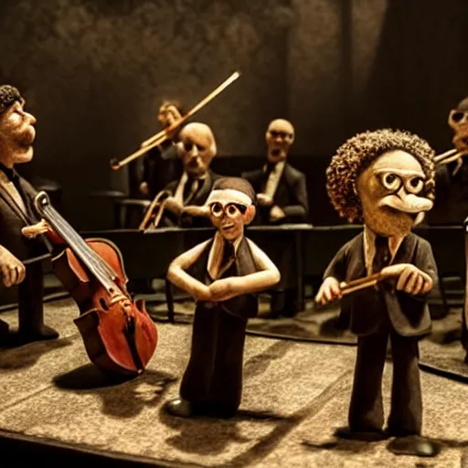 Image similar to the last orchestra, extremely detailed claymation art, extremely realistic, dark, moody, foggy