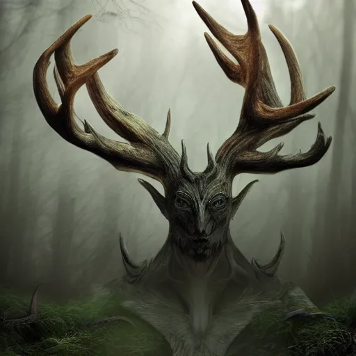 Image similar to the soul thief, dark forest, fantasy world, mystical physique with antlers, wide shot view