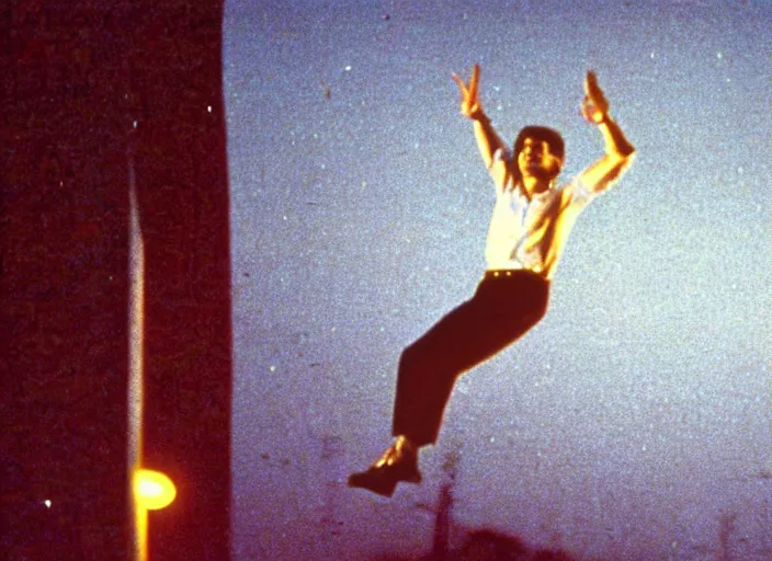 Prompt: a still from a 1 9 8 5 film with a man lifelessly floating 1 0 feet above the ground at night