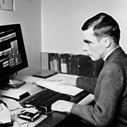 Image similar to alan turing with joan elisabeth lowther using a modern computer