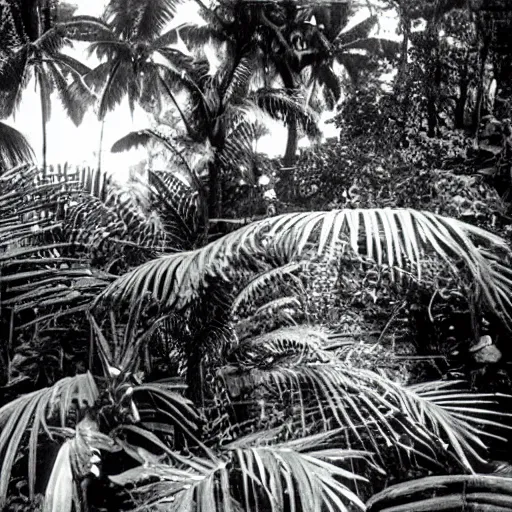 Image similar to a rizom lost film footage of a 3 d shape in the middle of the tropical jungle / shape / shape / tropicalism / tropicalism / film still / cinematic / enhanced / 1 9 2 0 s / black and white / grain