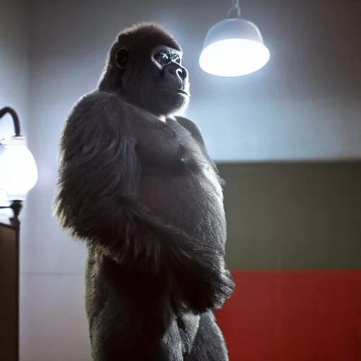 Image similar to A photo of Gustavo Fring in a gorilla suit, cinematic lighting, New Mexico, Breaking Bad,