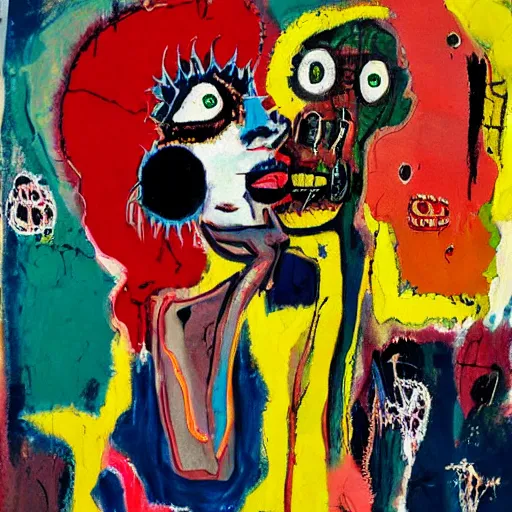 Image similar to expressive painting of two bizarre psychedelic femme creatures kissing each other closeup, speculative evolution, mixed media collage by basquiat and jackson pollock, magazine collage art