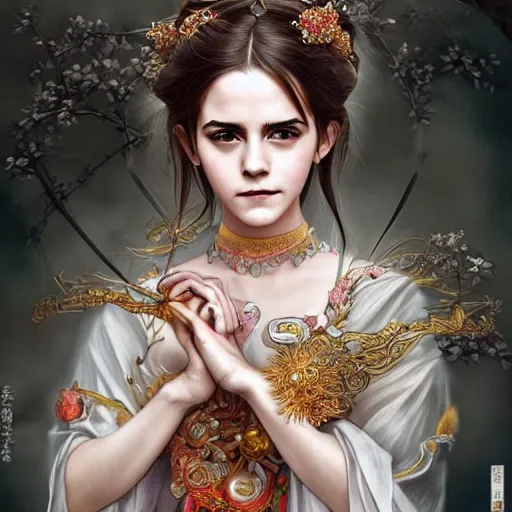Image similar to Emma Watson as a Japanese Goddess, cute, fantasy, intricate, elegant, highly detailed, digital painting, 4k, HDR, concept art, smooth, sharp focus, illustration, art by artgerm and H R Giger and alphonse mucha