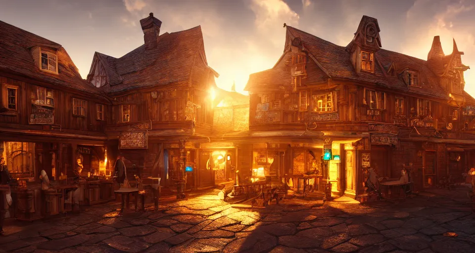 Image similar to alchemy tavern, hyperdetailed, artstation, cgsociety, golden hour 8 k, volumetric lighting, blue light