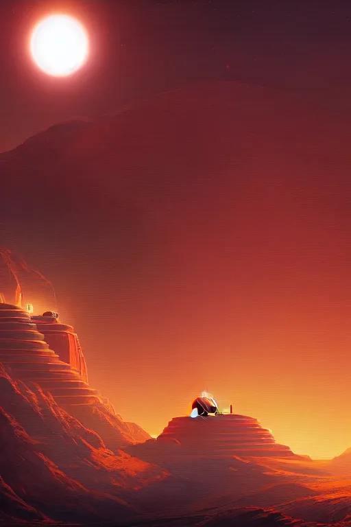 Image similar to big tibetan temple glowing orange in canyon, lightstreaks and planets in the sky, dramatic lighting, artstation, matte painting, ralph mcquarrie, simon stalenhag