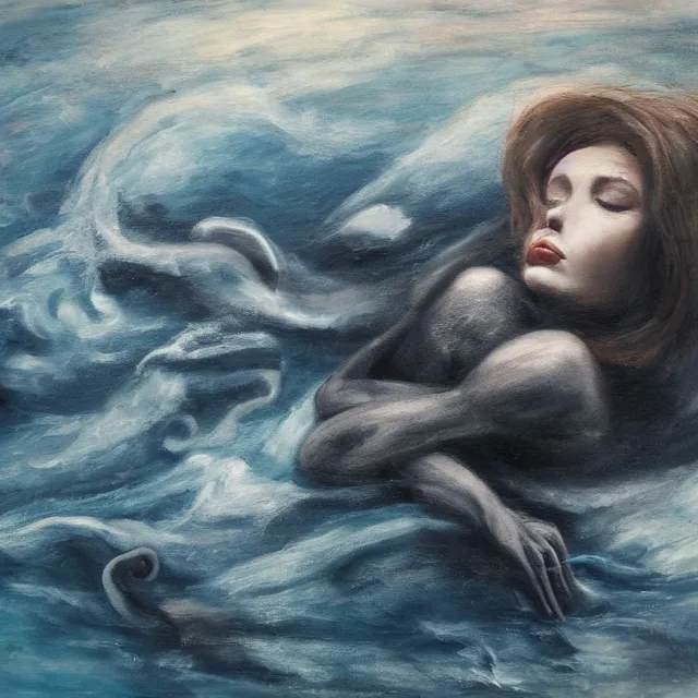 Prompt: a female art student falling asleep, misty, iceberg, black paint, dark, sensual, dreamy, waves, paint swirls, cloudy, squashed berries, octopus, neo - impressionist, surrealism