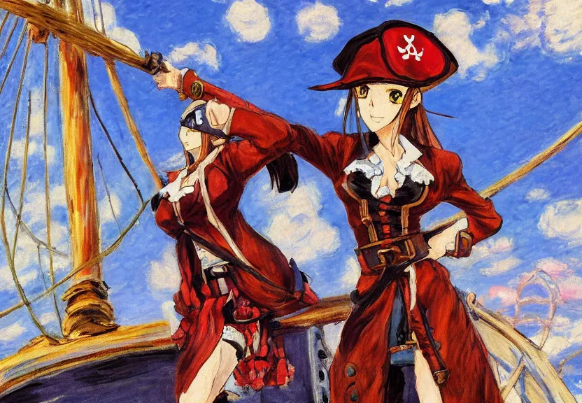 Image similar to wide angle perspective of a female pirate, a thrifty uniform, somewhat of an anime in impressionist style, trending artwork, made with anime painter studio, by claude monet and an anime artist, collaboration