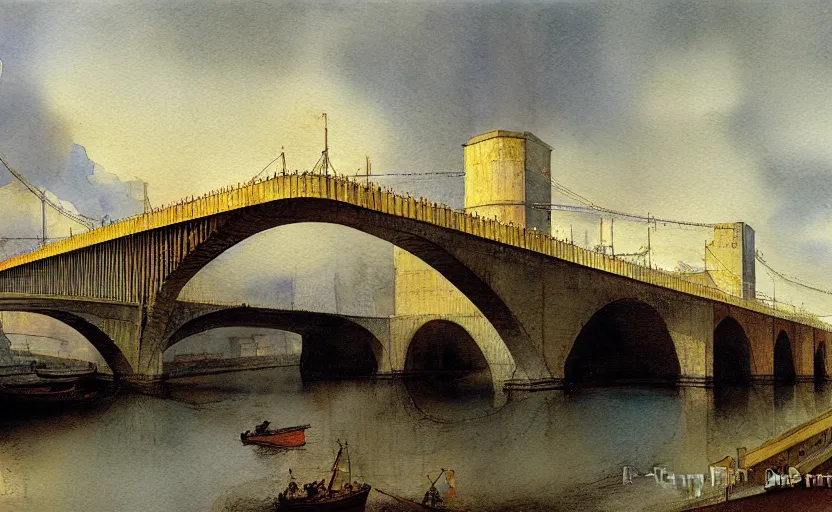 Prompt: city bay bridge aqueduct, colorful watercolor. by rembrandt, ralph mcquarrie, aluminum, 1 6 6 7