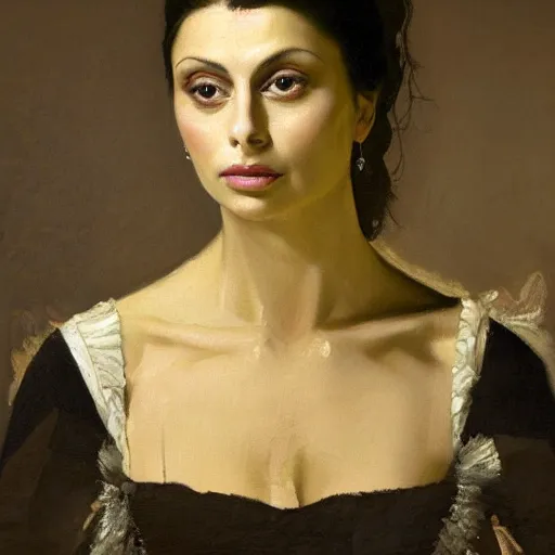 Prompt: portrait of morena baccarin, oil painting byjohannes vermeer, 1 7 th century, art, oil on canvas, wet - on - wet technique, realistic, expressive emotions, intricate textures, illusionistic detail