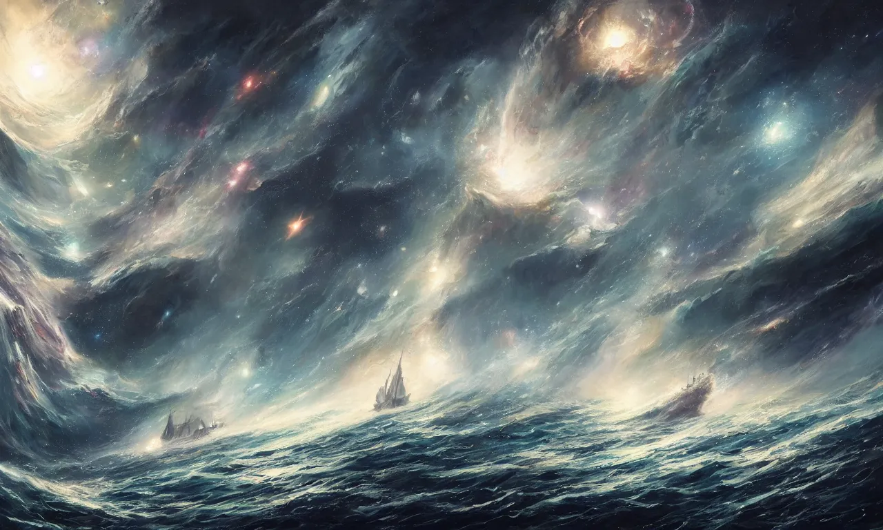 Image similar to a beautiful painting of a ship sailing across a violent tumultuous ocean made up of a galaxies and stars in the space by John Blanche and Greg Rutkowski, trending on Artstation, midjourney