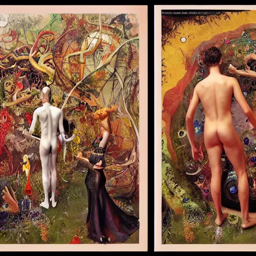 Image similar to two lovers wearing a suit made of nervous system, channeling third eye energy, surrounded by a background of cyber mystic garden of earthly delights, painted part by wojciech siudmak, part by ilya repin, part by norman rockwell, part by zhang jingna, artstation