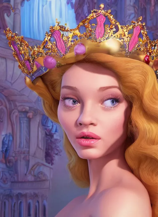Prompt: closeup face profile portrait of a fairytale princess wearing a crown eating cakes, bikini, depth of field, zeiss lens, fashion photoshoot, by dan decarlo, bob clampett, bill ward, earl norem, max fleischer, breathtaking, 8 k resolution, extremely detailed, beautiful, establishing shot, artistic, hyperrealistic, octane render