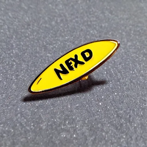 Prompt: an enamel pin depicting an exclamation warning label, smooth curves