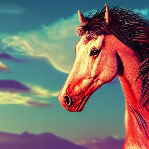 Prompt: digital horse, retrowave palette, highly detailed, anatomically correct equine, synth feel, smooth face, ear floof, flowing mane, no reins, super realism, soft fur, accurate animal imagery, 4 k digital art