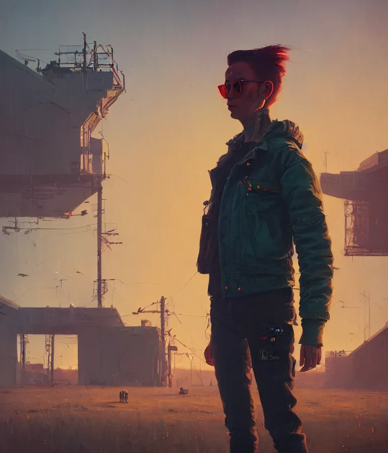 Image similar to a portrait of a punker in a painting from stalenhag, 4 k, 8 k, hdr, artstation, concept art