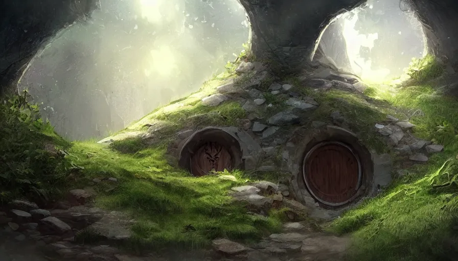 Image similar to concept art of a beautiful hobbit - hole, digital art, trending on artstation