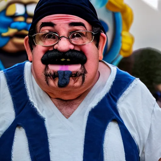 Prompt: Real life Wario, (EOS 5DS R, ISO100, f/8, 1/125, 84mm, postprocessed, crisp face, facial features)