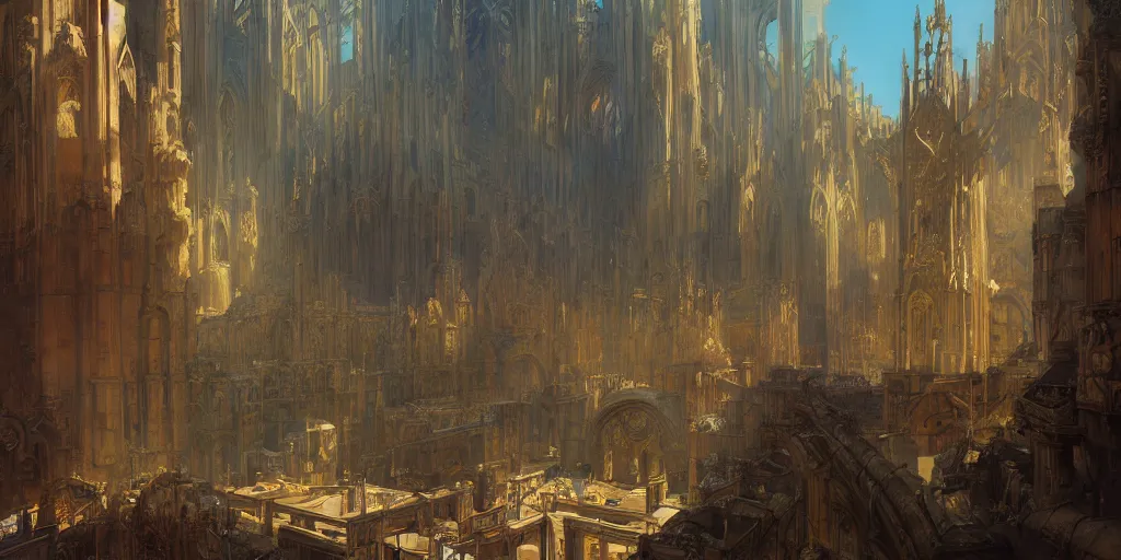 Image similar to sunlit vista, dieselpunk cathedral, painted by ruan jia, lawrence alma tadema, zdzislaw beksinski, norman rockwell, jack kirby, tom lovell, alex malveda, greg staples, hand of fear, bbc, tv