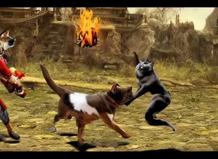 Prompt: cat fights dog in mortal kombat