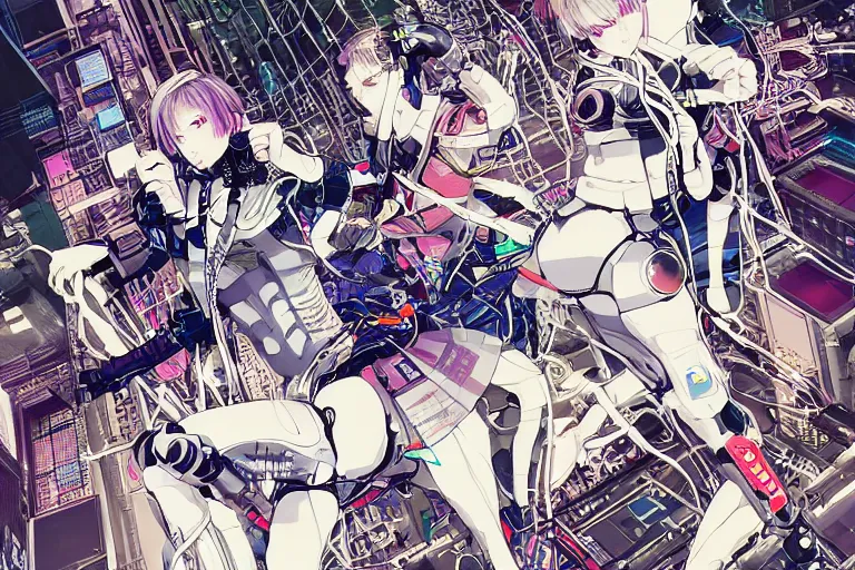 Image similar to a cyberpunk illustration of a group of four super-coherent female androids dressed in seifuku in style of masamune shirow, lying scattered across an empty, white floor with their bodies rotated in different poses and cables and wires coming out, by yukito kishiro and katsuhiro otomo, hyper-detailed, intricate, view from above, colorful