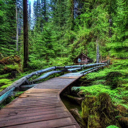 Prompt: Lodge in the Pacific Northwest forest, creek, wooden bridge, waterfall, hdr photo, award winning photo, ultrawide