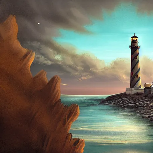 Image similar to digital art of a coastal landscape with a lighthouse, by Disco Elysium