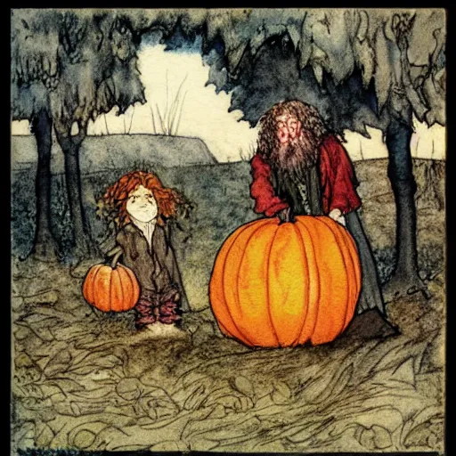 Image similar to a watercolor and ink illustration of hagrid and harry in a pumpkin patch by arthur rackham and edmund dulac