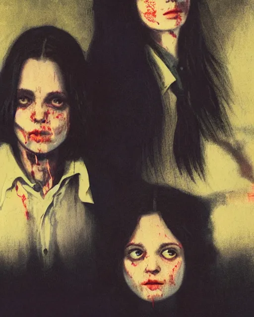 Image similar to two beautiful but creepy siblings wearing oxford shirts in layers of fear, with haunted eyes and dark hair, 1 9 7 0 s, seventies, wallpaper, a little blood, morning light showing injuries, delicate embellishments, painterly, offset printing technique, by brom, robert henri, walter popp