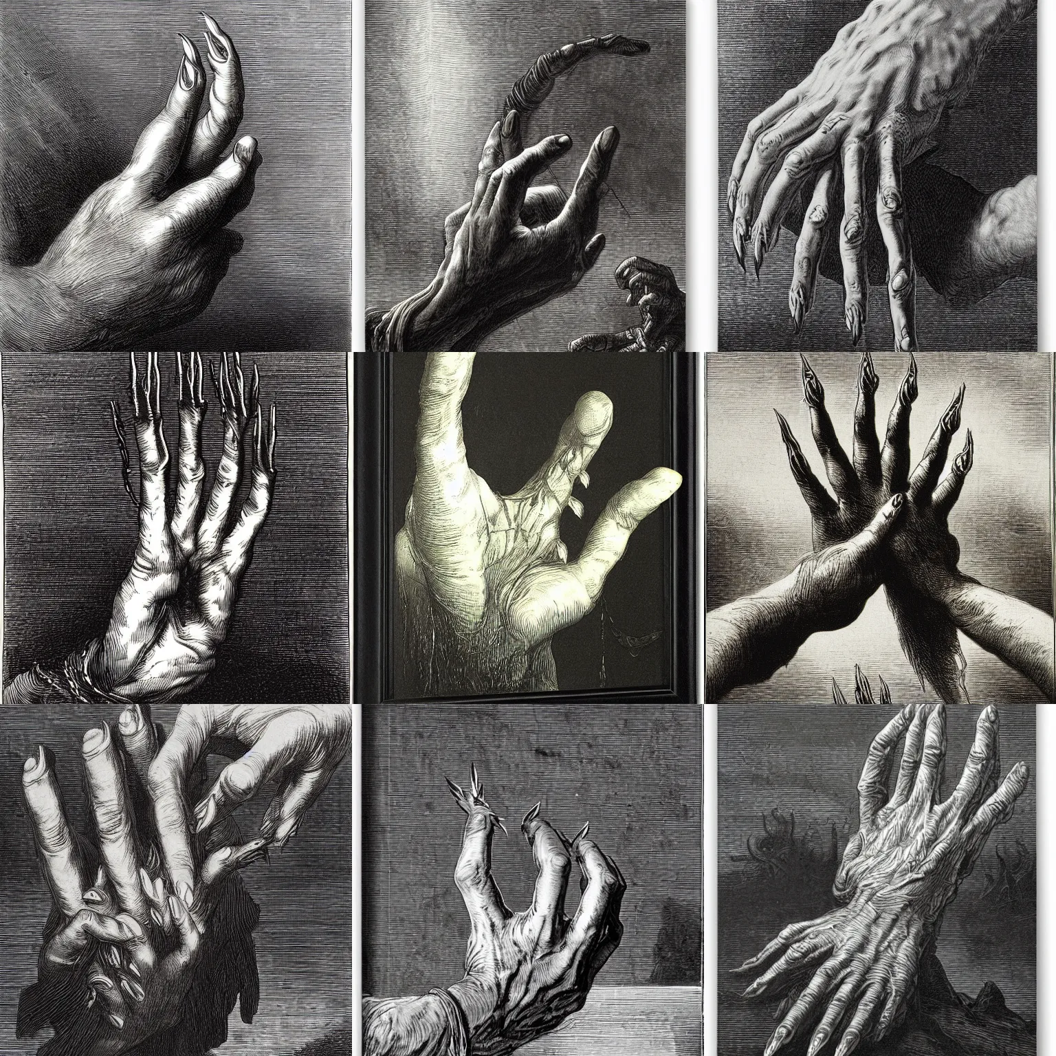 Prompt: hand with long claws, by gustave dore