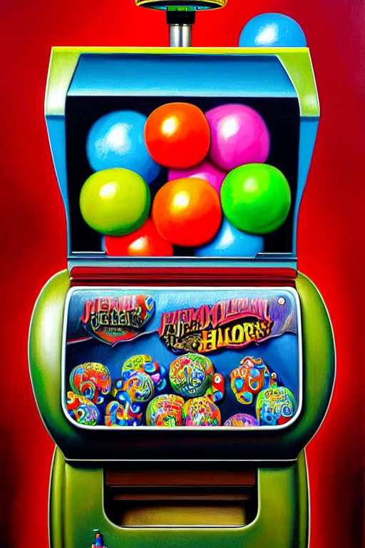 Prompt: a hyperrealistic painting of a gross gum ball machine with ugly prizes, cinematic horror by jimmy alonzo, the art of skinner, chris cunningham, lisa frank, richard corben, highly detailed, vivid color,