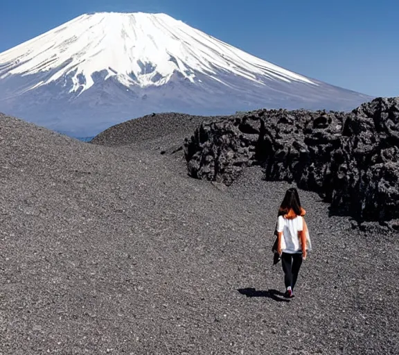 Prompt: beautiful silver hair young woman walking up Mount Fuji in the style of studio ghibli manga