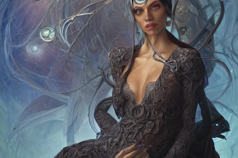 Image similar to ultra realistic tarot illustration of cj miles as a cyber shamanic witch casting am eldritch wizard spell, intricate, elegant, highly detailed, digital painting, artstation, concept art, smooth, sharp focus, illustration, art by artgerm and greg rutkowski and alphonse mucha