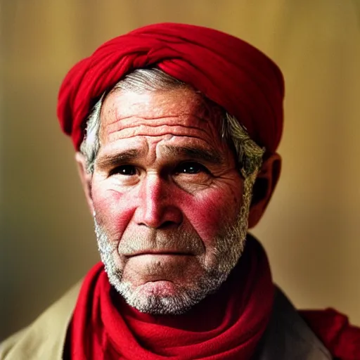 Prompt: portrait of president george w. bush as afghan man, green eyes and red scarf looking intently, photograph by steve mccurry