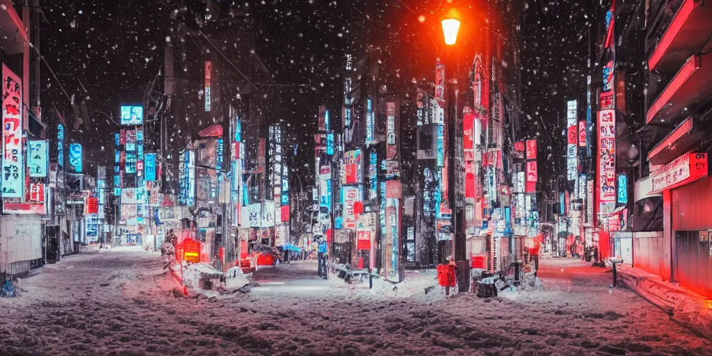 Image similar to a city street at night, snowing, photograph, cyberpunk, sharp focus, intricate detail, drone shot, high resolution, 8k, neon streetlights, wires hanging down everywhere, Japan, colourful, streets filled with cats