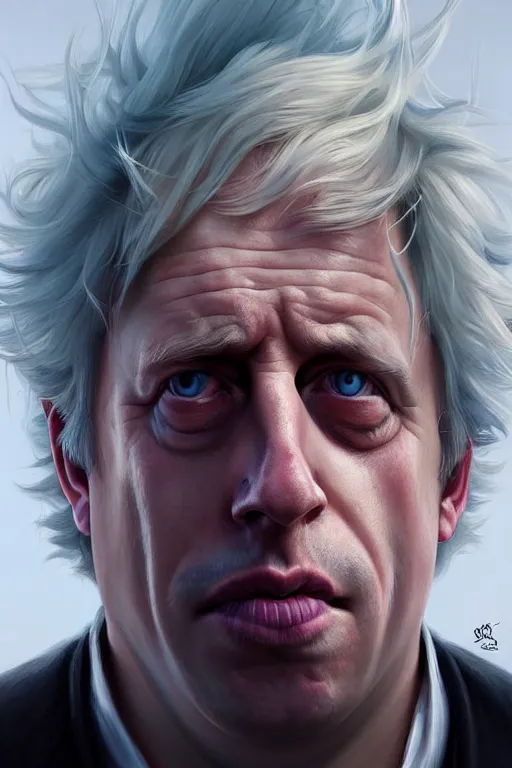 Image similar to Boris Johnson as Rick Sanchez, realistic portrait, symmetrical, highly detailed, digital painting, artstation, concept art, smooth, sharp focus, illustration, cinematic lighting, art by artgerm and greg rutkowski and alphonse mucha