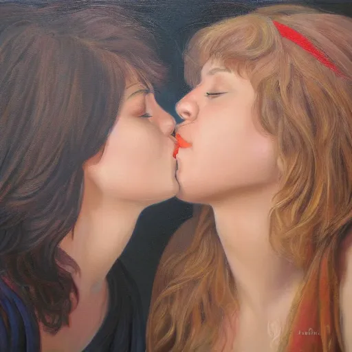 Prompt: two women kissing, oil on canvas, highly detailed, photo realistic
