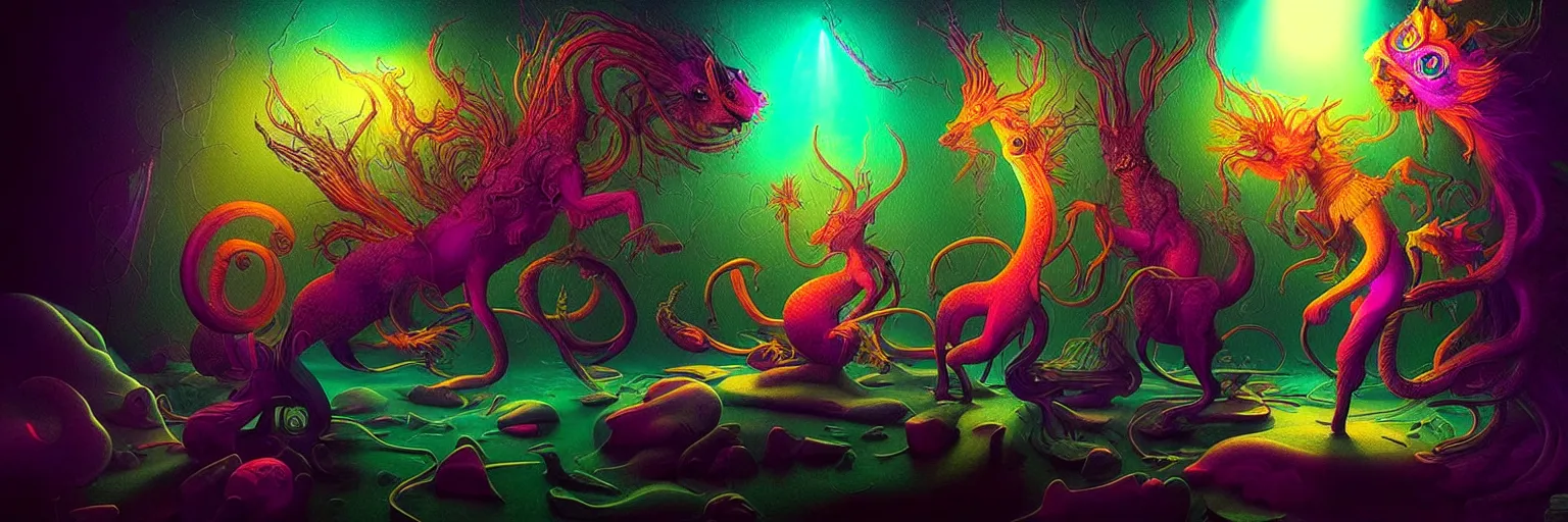 Image similar to microscopic mythical creatures from the depths of the collective unconscious, dramatic lighting with shallow dof, surreal darkly colorful painting by ronny khalil