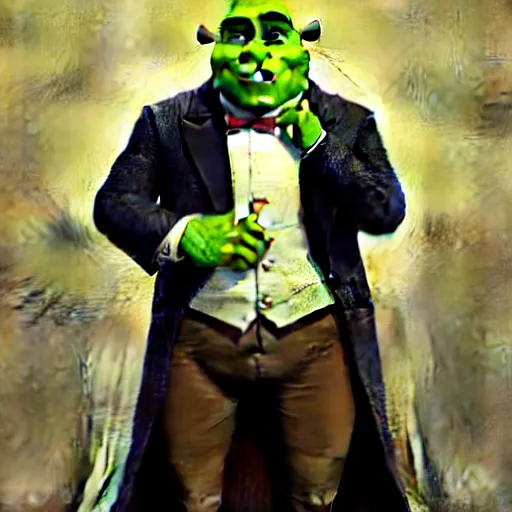 Image similar to handsome shrek in a tuxedo, highly detailed, digital painting, artstation, concept art, sharp focus, illustration, art by greg rutkowski and alphonse mucha