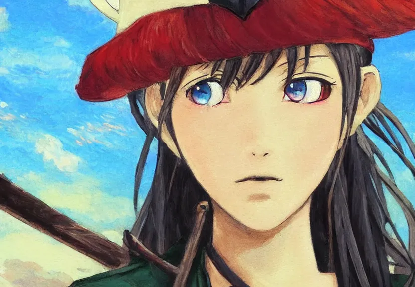 Image similar to wide angle close - up painting of a female pirate, a thrifty uniform, somewhat of an anime in impressionist style, trending artwork, illustrated in anime painter studio, by claude monet and an anime artist, collaboration