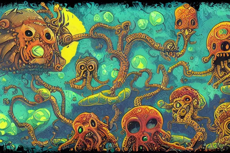 Prompt: mexican lovecraftian limes by tim shumate, mexican themes, 8 k, highly detailed, concept art, cmyk colors