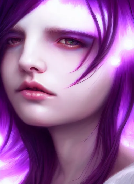 Image similar to hair whitebangs hair, black hair, whitebangs, portrait of teenage girl with white bangs, red irises, purple clothes, white bangs, bangs are different color from hair, intricate, elegant, glowing lights, highly detailed, digital painting, artstation, concept art, smooth, sharp focus, illustration, art by wlop, mars ravelo and greg rutkowski