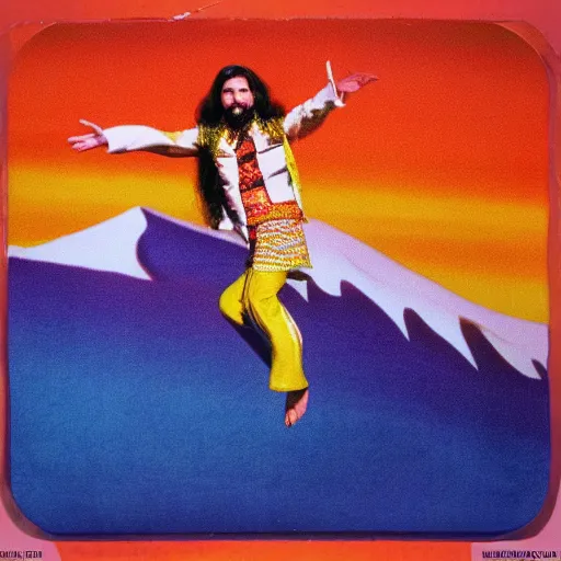 Image similar to “Doug Henning on a magic carpet flying over the mountains in the style of scrojo”