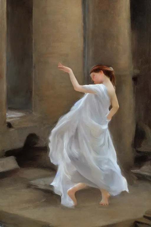 Image similar to ethereal girl dancing amidst ancient ruins in the style of john singer sargent