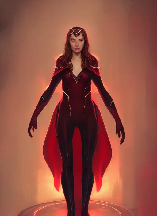 Image similar to Scarlet Witch, full body portrait, hyper detailed, digital art, trending in artstation, cinematic lighting, studio quality, smooth render, unreal engine 5 rendered, octane rendered, illustration, art by wlop and klimt and krenz cushart