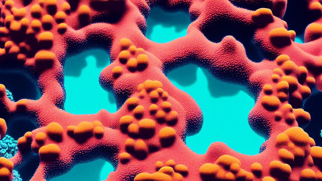 Image similar to coral reef close - up okinawa prefecture, japan, a collage painting, in the style of wes anderson, lola dupre, david hockney, isolated on negative white space background dark monochrome neon fluorescent spraypaint accents volumetric octane render