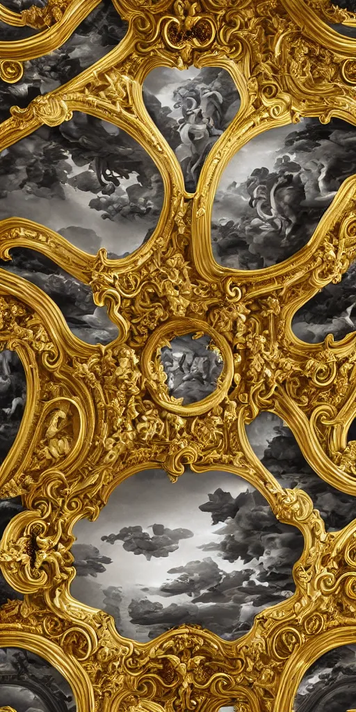 Image similar to the source of future growth dramatic, elaborate emotive Golden Baroque and Rococo styles to emphasise beauty as a transcendental, seamless pattern, symmetrical, large motifs, sistine chapel ceiling, 8k image, supersharp, Gold blue black and white, 3D, no blur, sharp focus, photorealistic, insanely detailed and intricate, Octane render, 8K