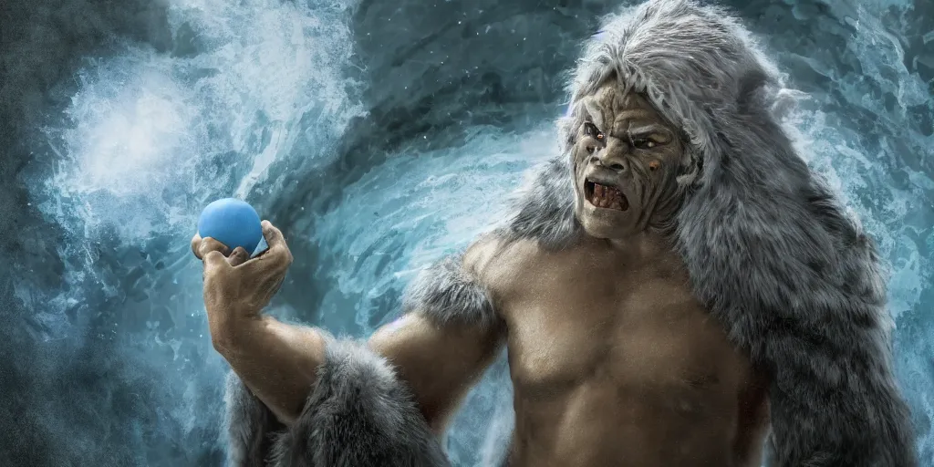 Image similar to Highly detailed portrait of a half-orc druid, wearing a long grey fur robe and holding a sphere of magical blue water 4k, soft focus