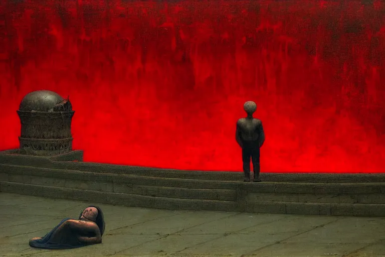 Image similar to only with red, a red melted emperor in an authoritarian position, taormina amphitheatre, crowd hails him, in the style of beksinski, parts by edward hopper, parts by rodcenko, parts by yue minjun, intricate and epic composition, red by caravaggio, insanely quality, highly detailed, masterpiece, red light, artstation, 4 k