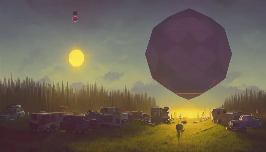 Prompt: hexagons in the sky in front of the sun, simon stalenhag